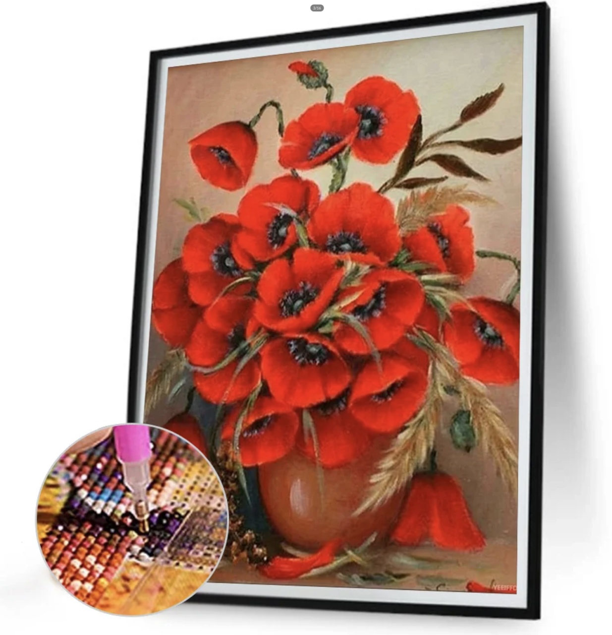 Tablou GM471 Goblen Diamante Patrate, cu rama, 20 x 30 cm, Vaza cu maci si grau - 3 | YEO