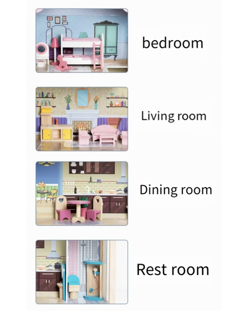 Vila pentru papusi cu 4 camere, mobilier si 14 accesorii, din lemn - 3 | YEO