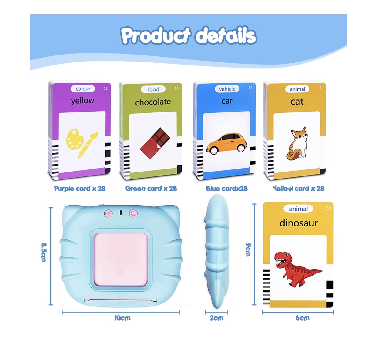 Cititor interactiv cu 112 carduri educative – Jucarie de invatare copii mici, bleu - 1 | YEO