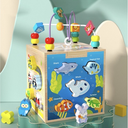 Cub Montessori cu activitati, 5 in 1, cu sortator de forme animale marine, din lemn - 2 | YEO
