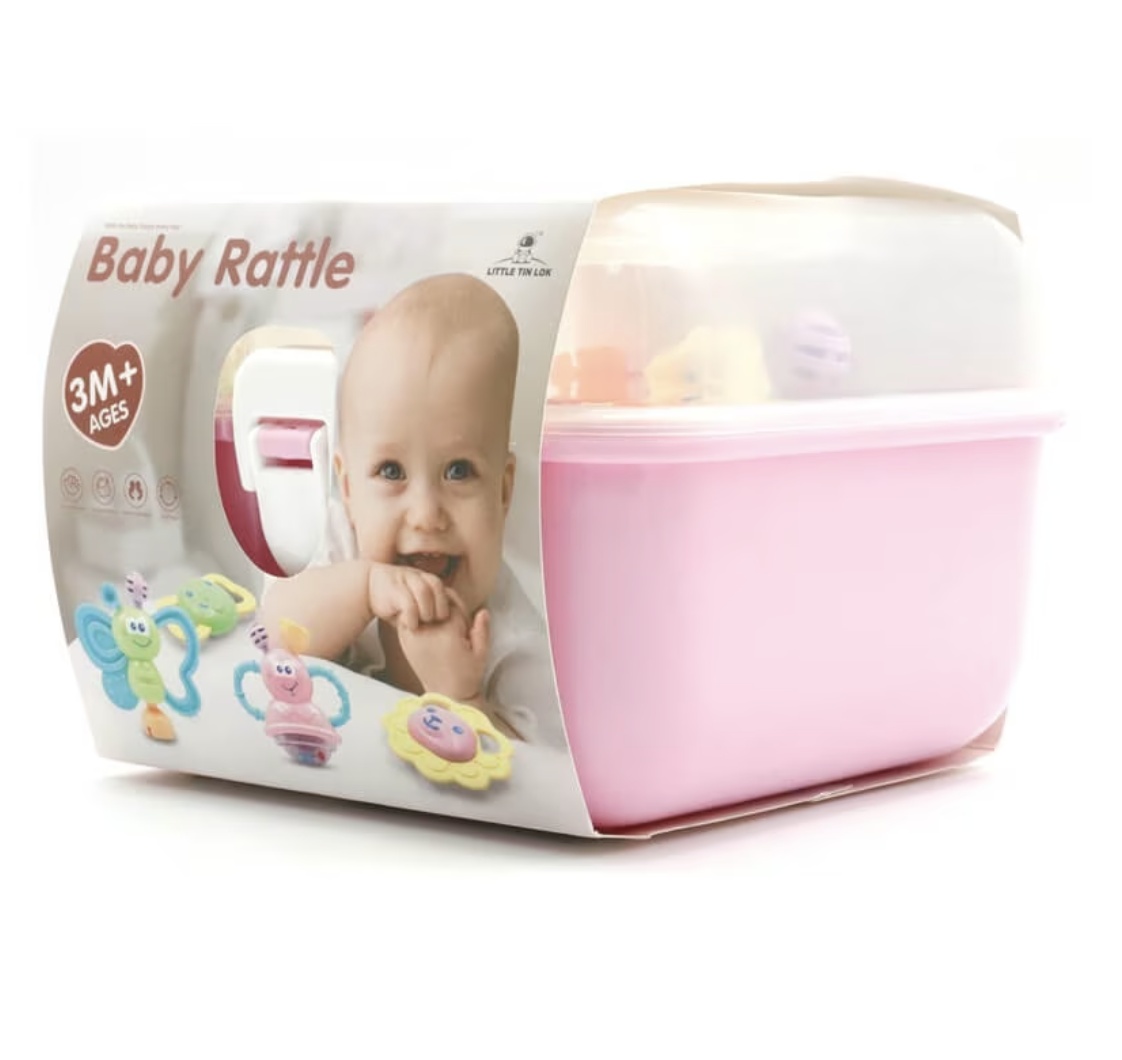 Cutie cu set 8 jucarii zornaitoare cu suprafete moi siliconate pentru dentitia bebelusilor, roz - 1 | YEO