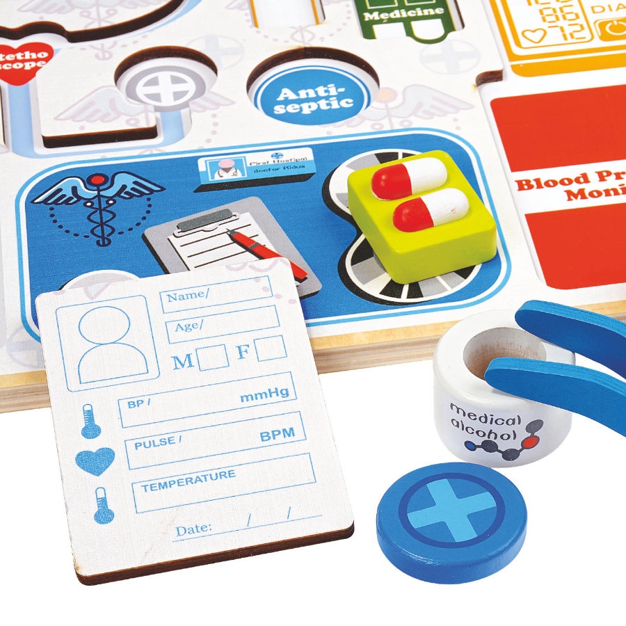 Joc lemn puzzle incastru si de sortat instrumentele de Doctor - 1 | YEO