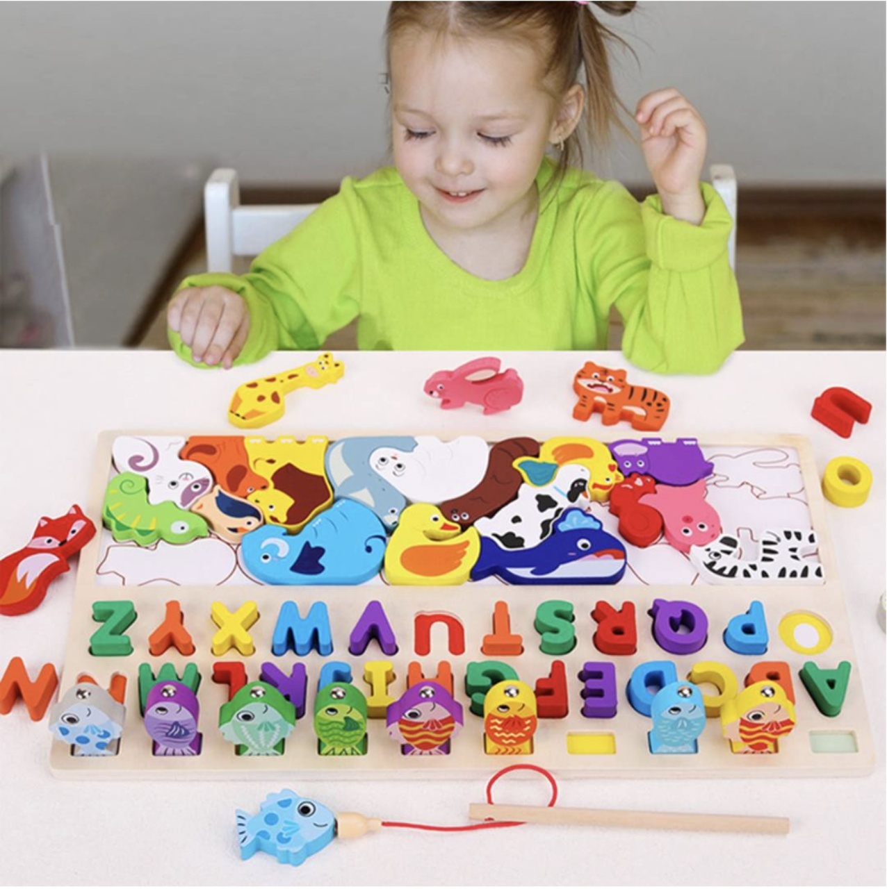 Joc Logarithmic Montessori 4 in 1, cu tetris cu Animale, joc de pescuit, litere, incastru, din lemn - 1 | YEO
