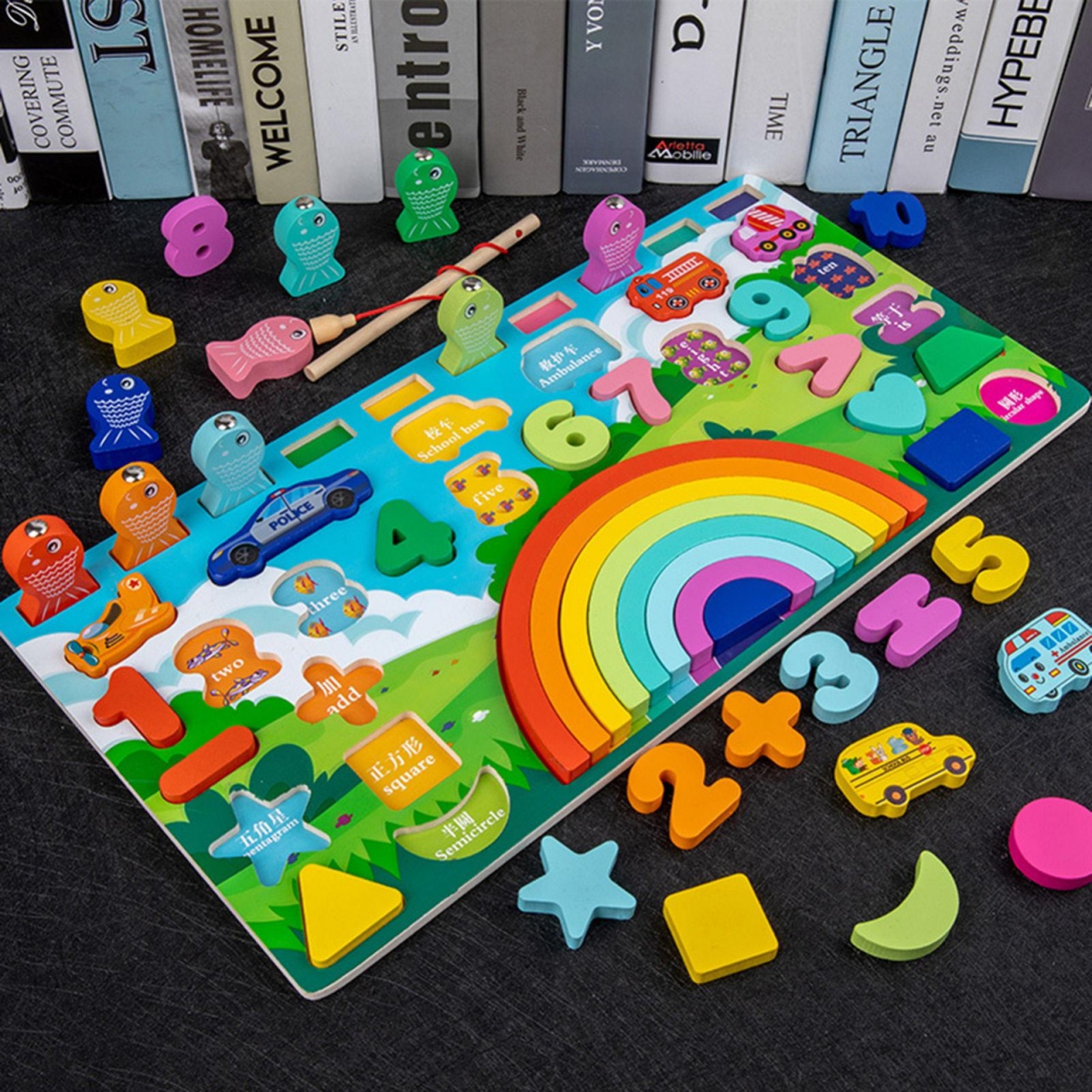 Joc Logarithmic Montessori 6 in 1 Curcubeu, cu cifre, forme, masini, joc de pescuit, din lemn