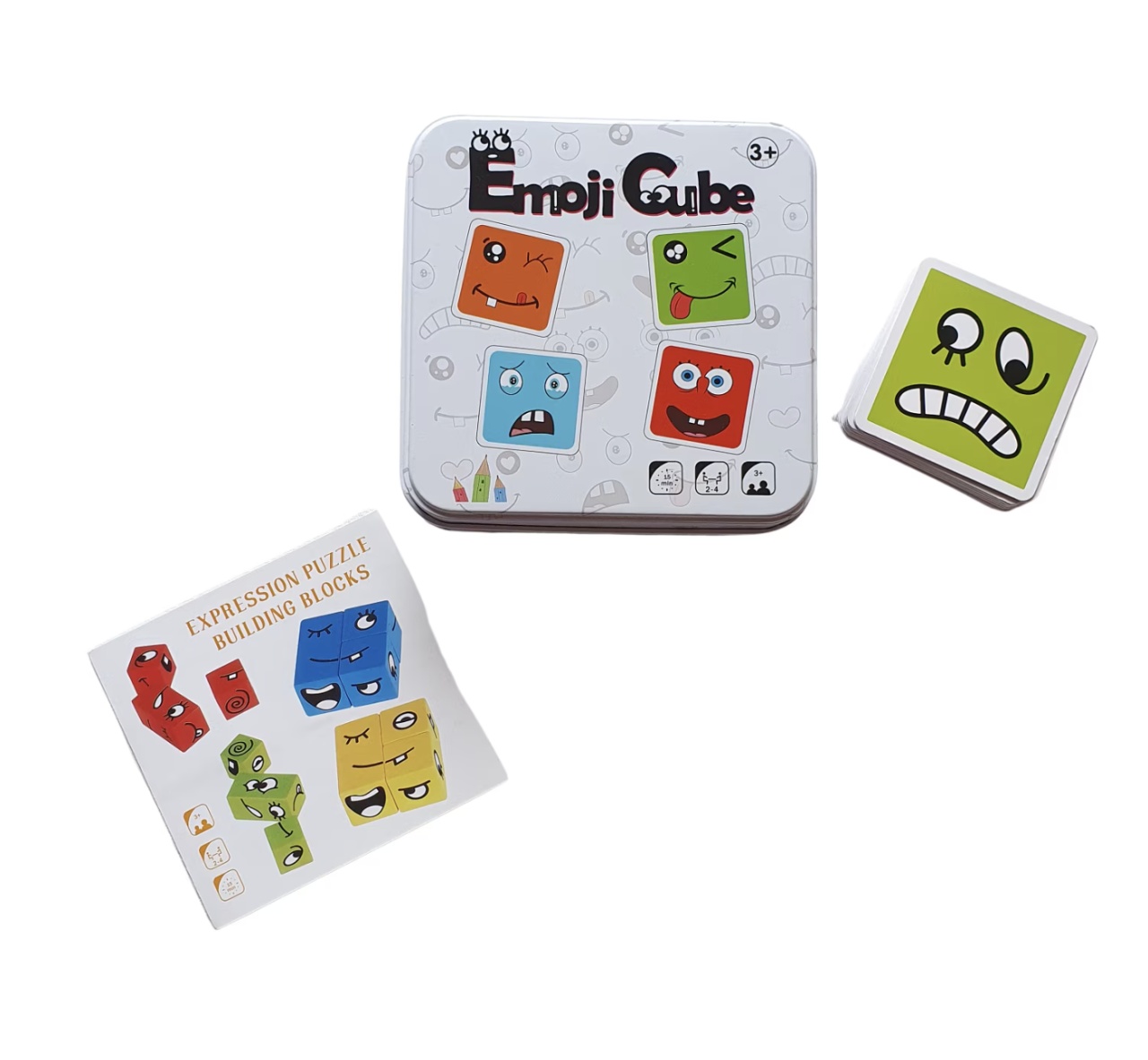 Joc Montessori Expresii faciale Emoji Cube in cutie metalica, 12 piese, din lemn - 1 | YEO