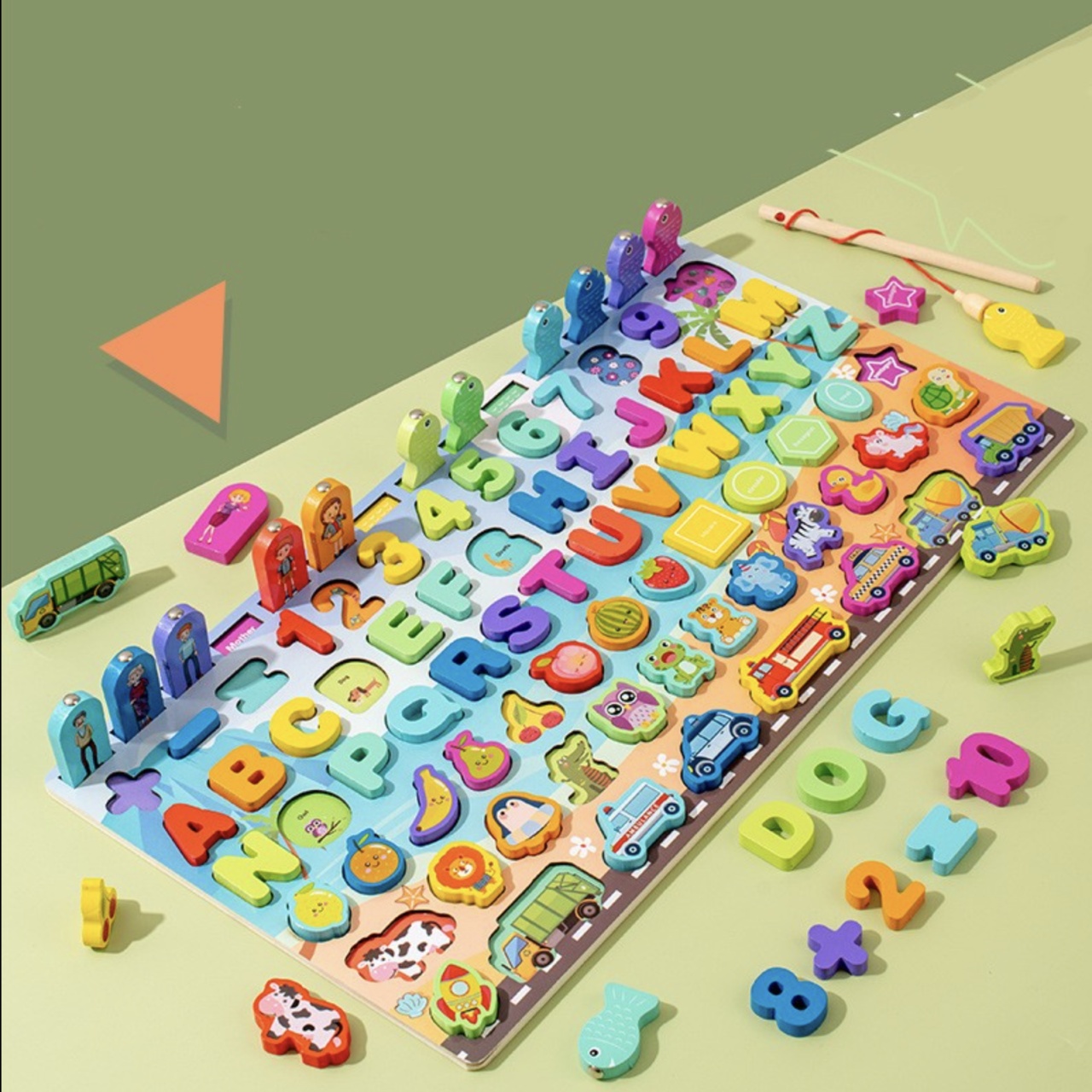 Joc Montessori Logarithm 8 in 1, cu litere, cifre, masini, animale, fructe de pescuit, din lemn - 1 | YEO