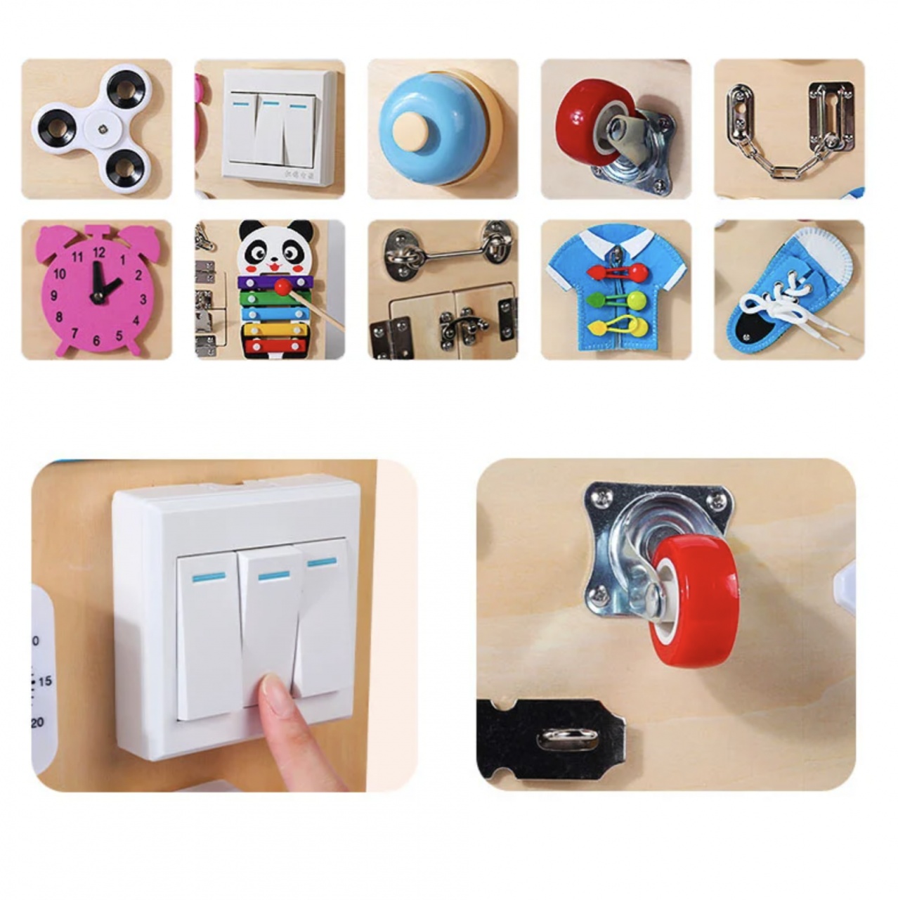 Joc Montessori Placa Busy Board cu 11 Activități, Panda, din lemn - 3 | YEO