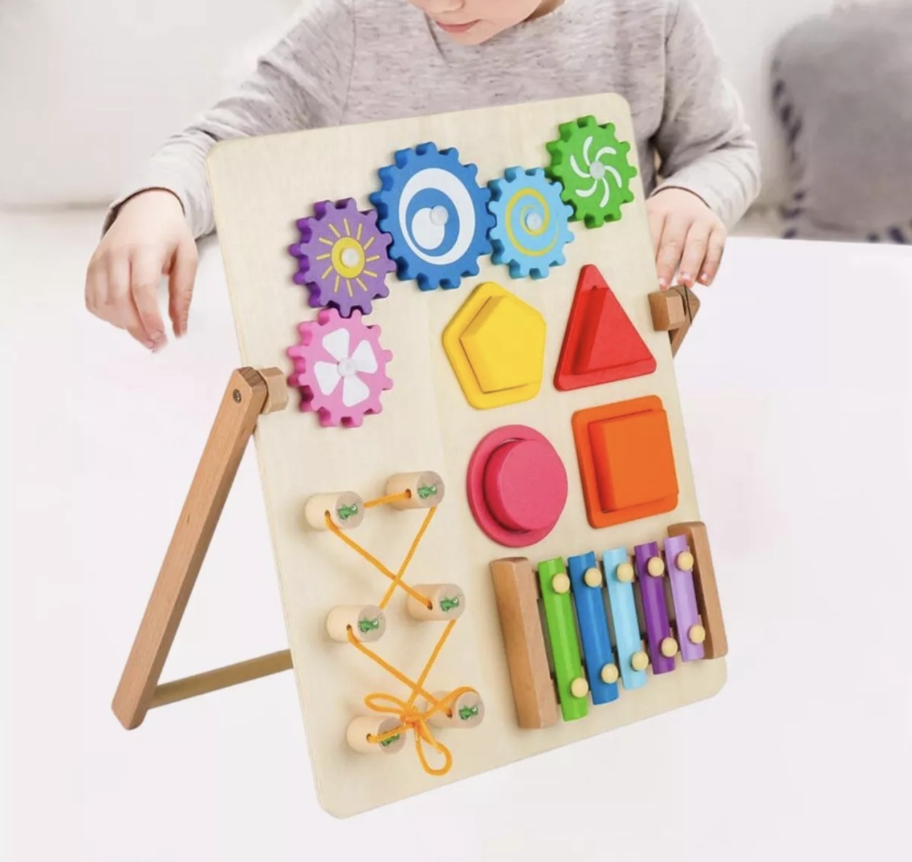 Joc Montessori Placa Busy Board cu 4 Activitati, cu Xilofon, din lemn - 1 | YEO