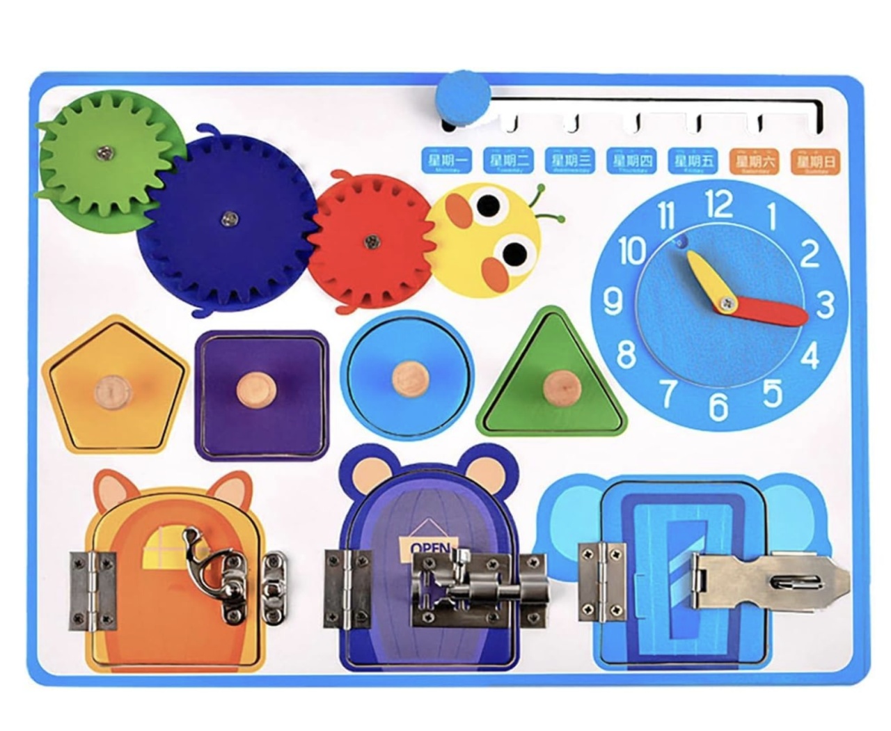 Joc Montessori Placa cu 6 activitati Tine-l Ocupat si Invata-l, din lemn, albastru