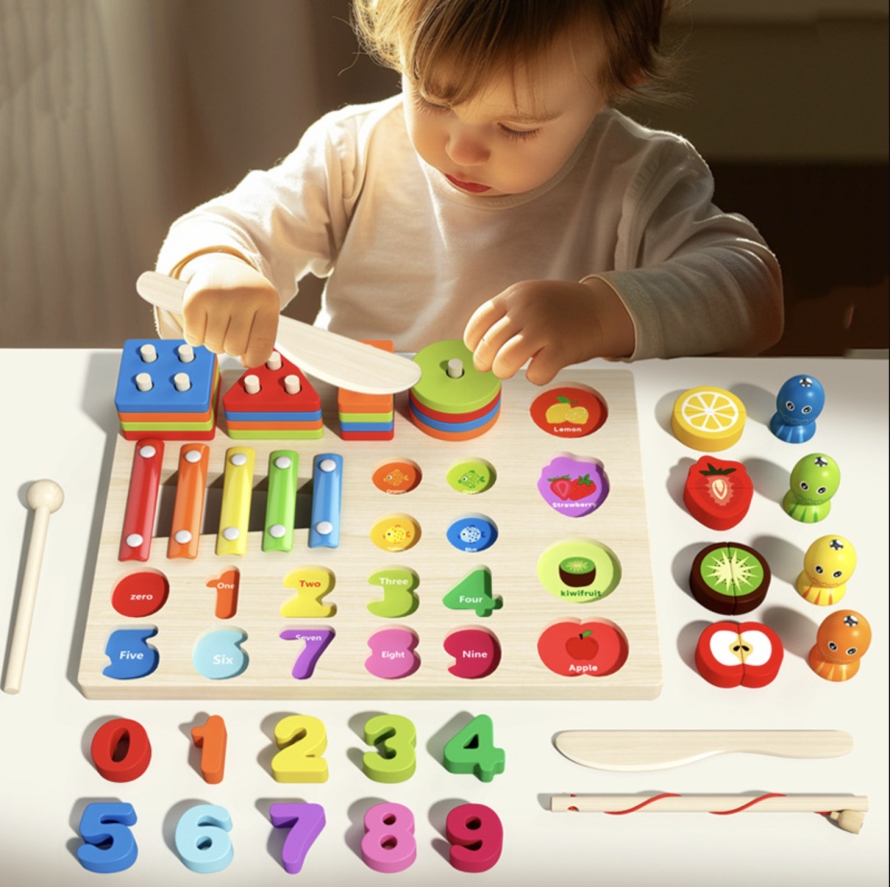Jucarie Montessori 4 in 1 – Xilofon, Coloane sortator, Joc pescuit si Cifre, din lemn - 1 | YEO