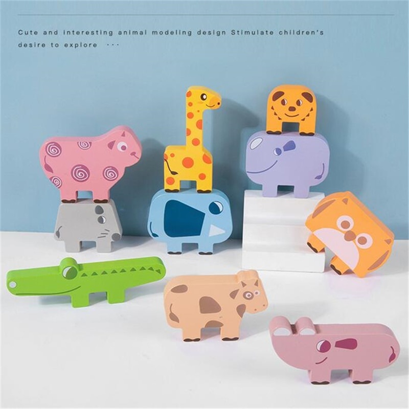 Jucarie Montessori de echilibru, Set 10 animale de stivuit, din lemn - 2 | YEO