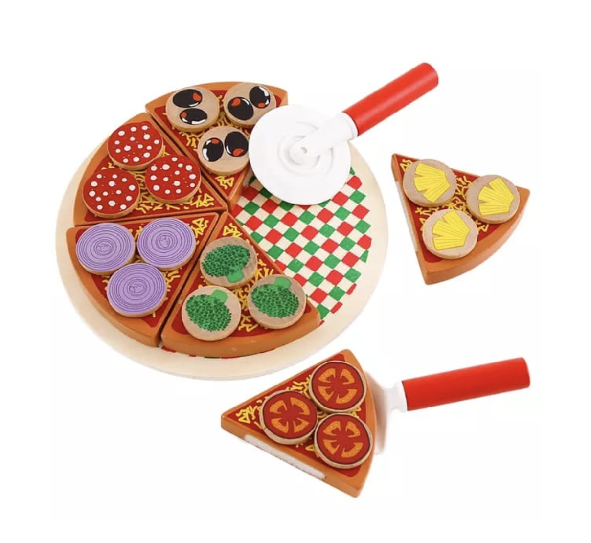 Jucarie Montessori Pizza de feliat, cu 27 accesorii, din lemn