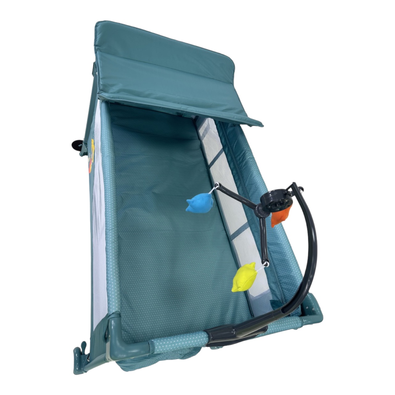 Patut cu saltea de infasat, cu doua nivele, baldachin si carusel P01 verde - 3 | YEO
