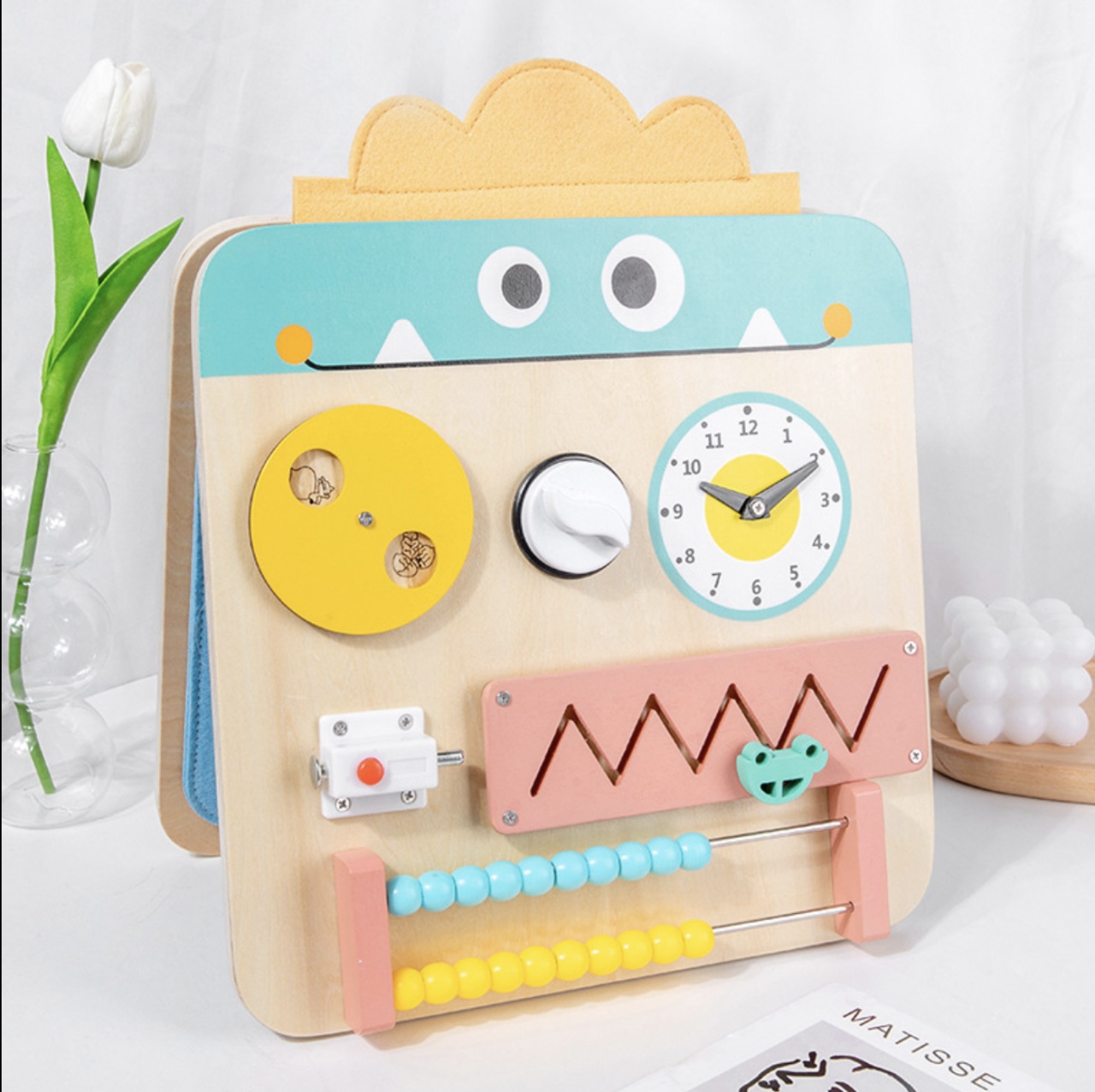 Placa activitati Montessori Busy Board pliabila si reversibila 17 activitati, din lemn - 2 | YEO