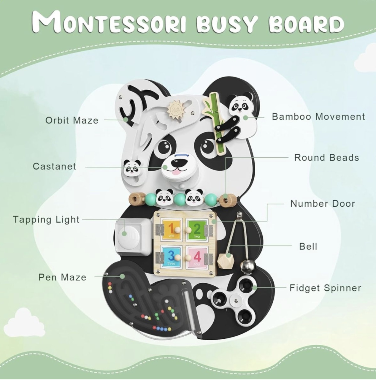 Placa Montessori Busy Board 12 activitati Panda, din lemn - 2 | YEO