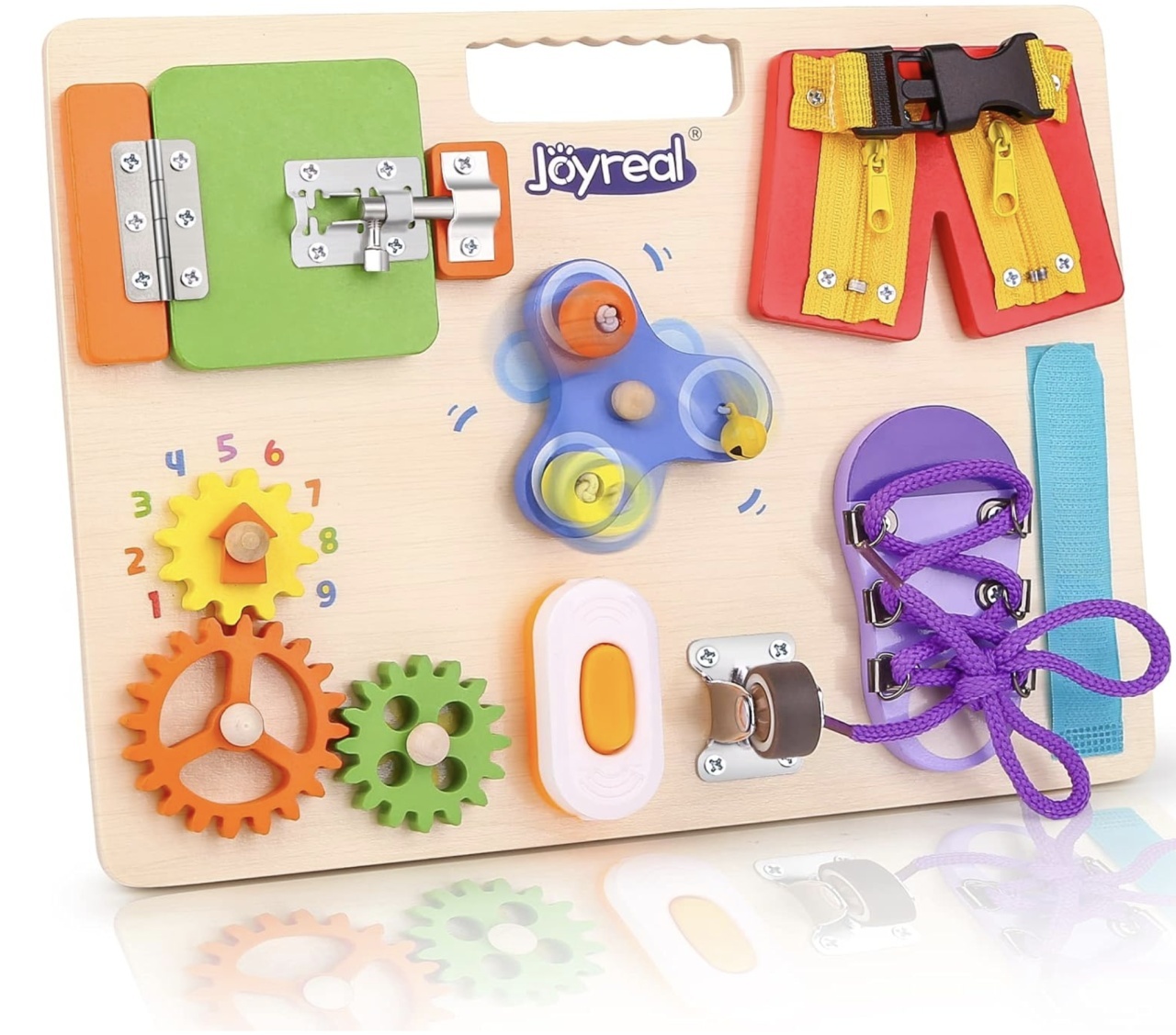 Placa Montessori Busy Board cu 11 activitati Pants, din lemn