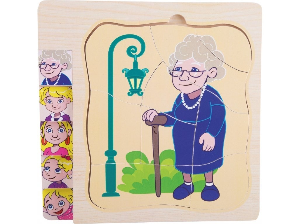 Puzzle in 5 straturi, Etapele vietii de la fetita la bunica, din lemn