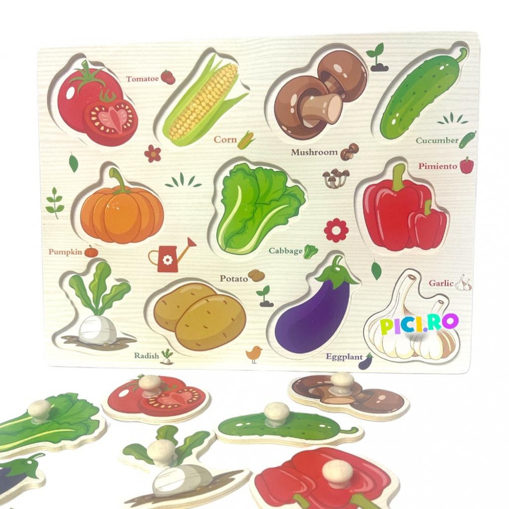 Puzzle incastru cu tablita de desen si marker, Legume, din lemn - 2 | YEO