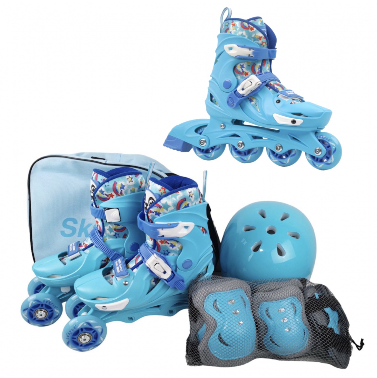 Role copii 2 in 1, R010A cu casca, cotiere si genunchiere, masuri reglabile, albastru