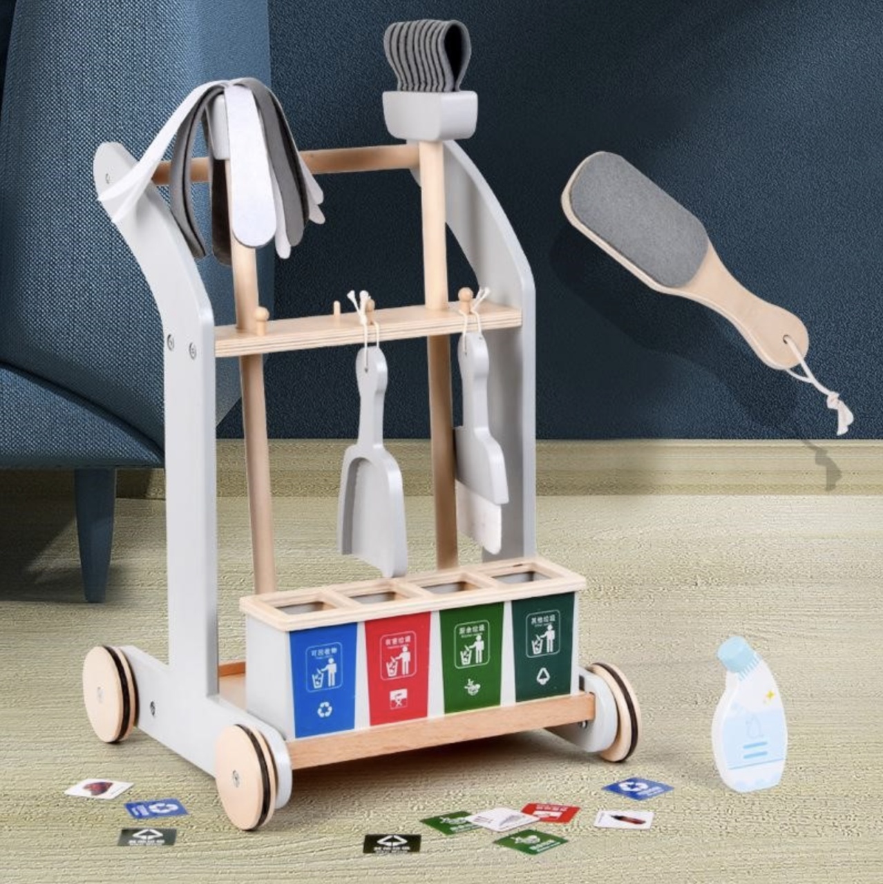 Set carucior de curatenie pentru selec tarea selectiva a deseurilor, din lemn - 3 | YEO