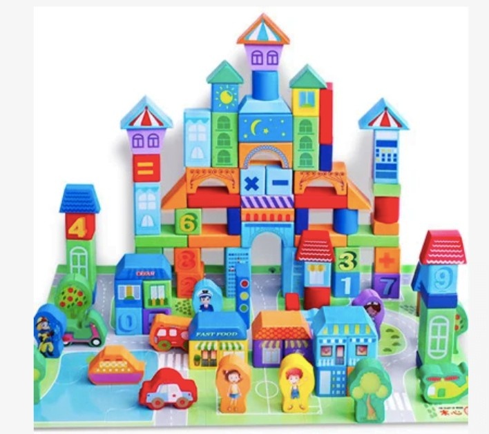 Set de constructie 100 Cuburi din lemn - Urban Trafic