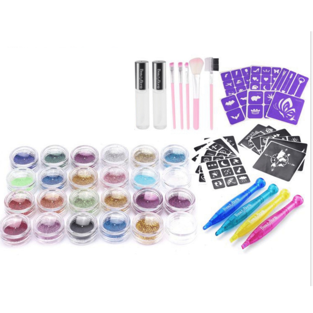 Set tatuaj cu sclipici pentru copii, Beauty Bomb, cu 24 culori