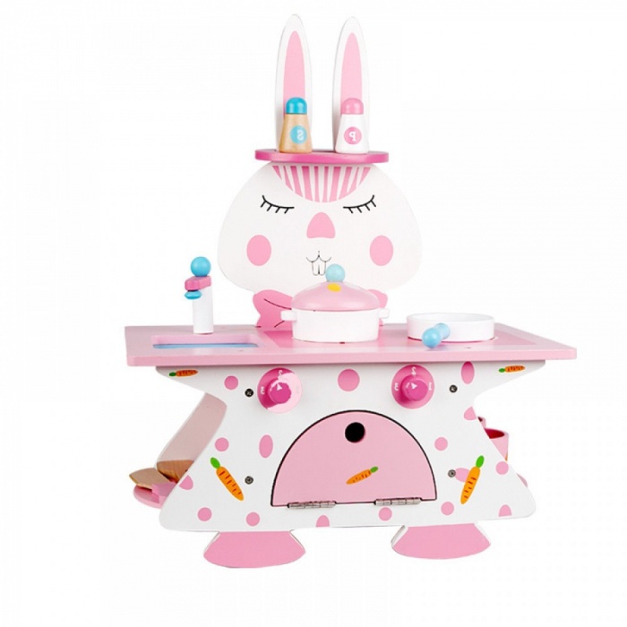 Bucatarie cu 10 accesorii Pink Rabbit Kitchen, din lemn
