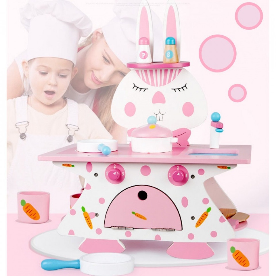 Bucatarie cu 10 accesorii Pink Rabbit Kitchen, din lemn - 3 | YEO
