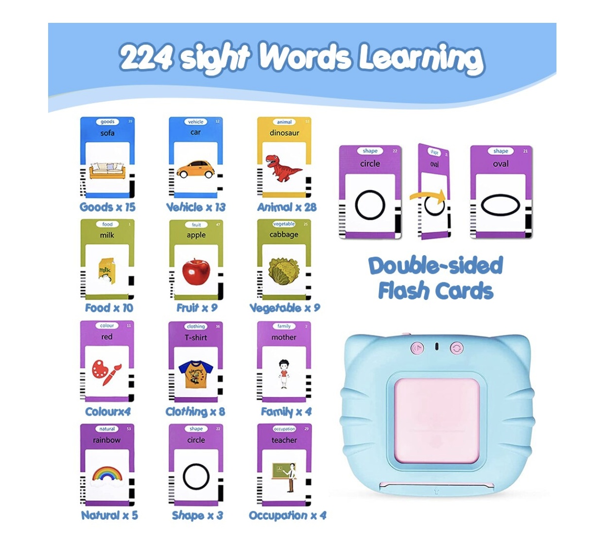 Cititor interactiv cu 112 carduri educative – Jucarie de invatare copii mici, bleu - 2 | YEO