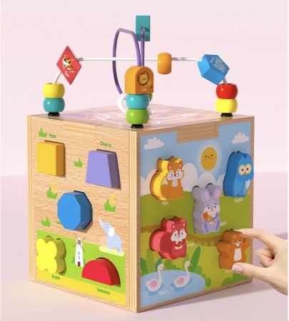 Cub Montessori cu activitati, 5 in 1, cu sortator de forme animale marine, din lemn - 3 | YEO