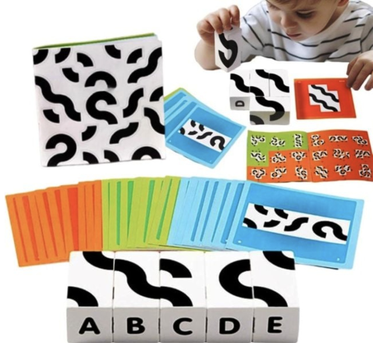 Cuburi Grafice Alb-Negru Montessori, din Lemn – Joc de Logica si Dezvoltare Cognitiva - 1 | YEO