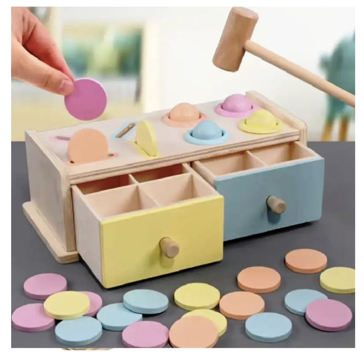Joc educativ Montessori Cutia cu sertare sortatoare, pastel, din lemn - 2 | YEO