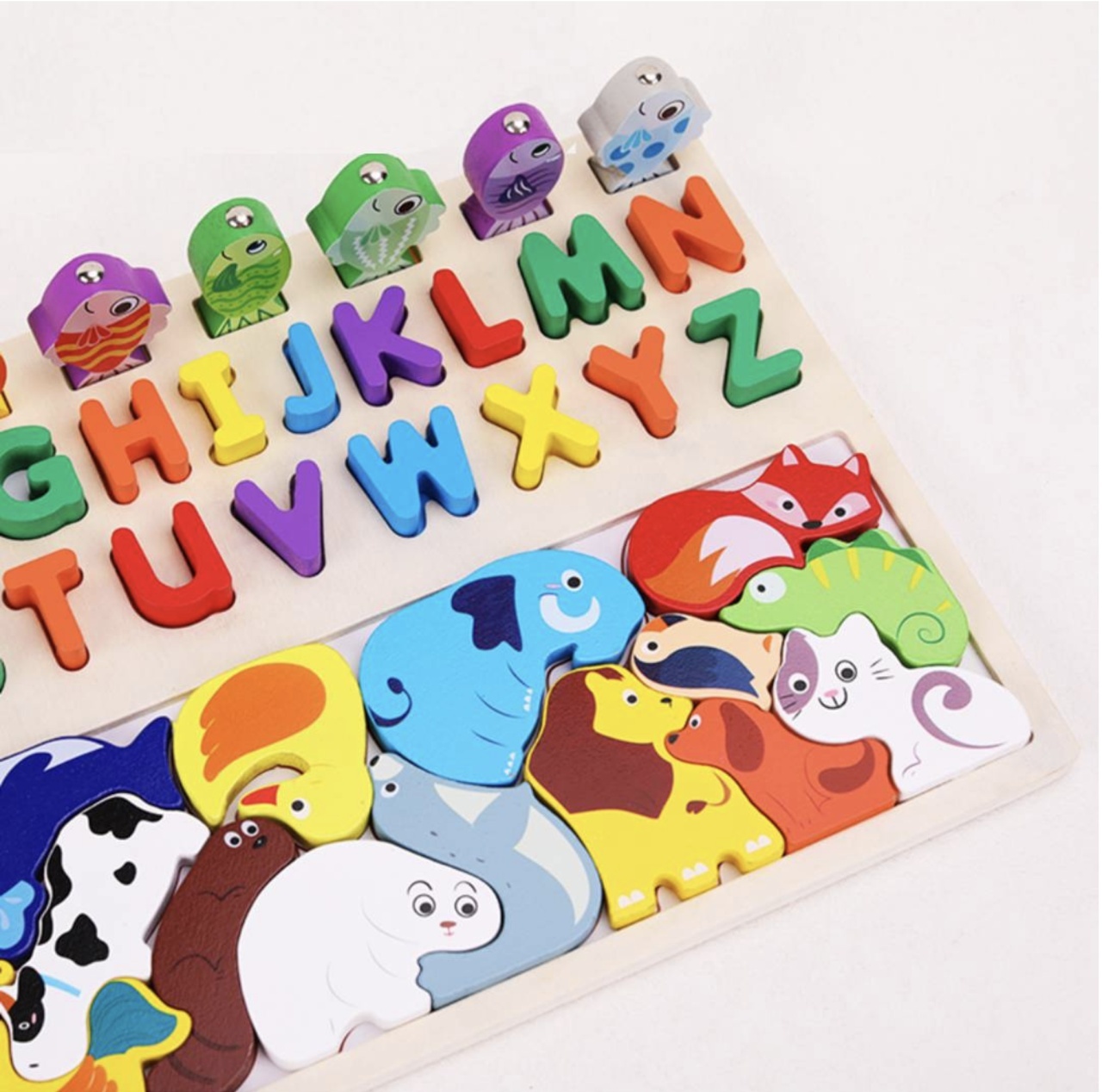Joc Logarithmic Montessori 4 in 1, cu tetris cu Animale, joc de pescuit, litere, incastru, din lemn - 2 | YEO