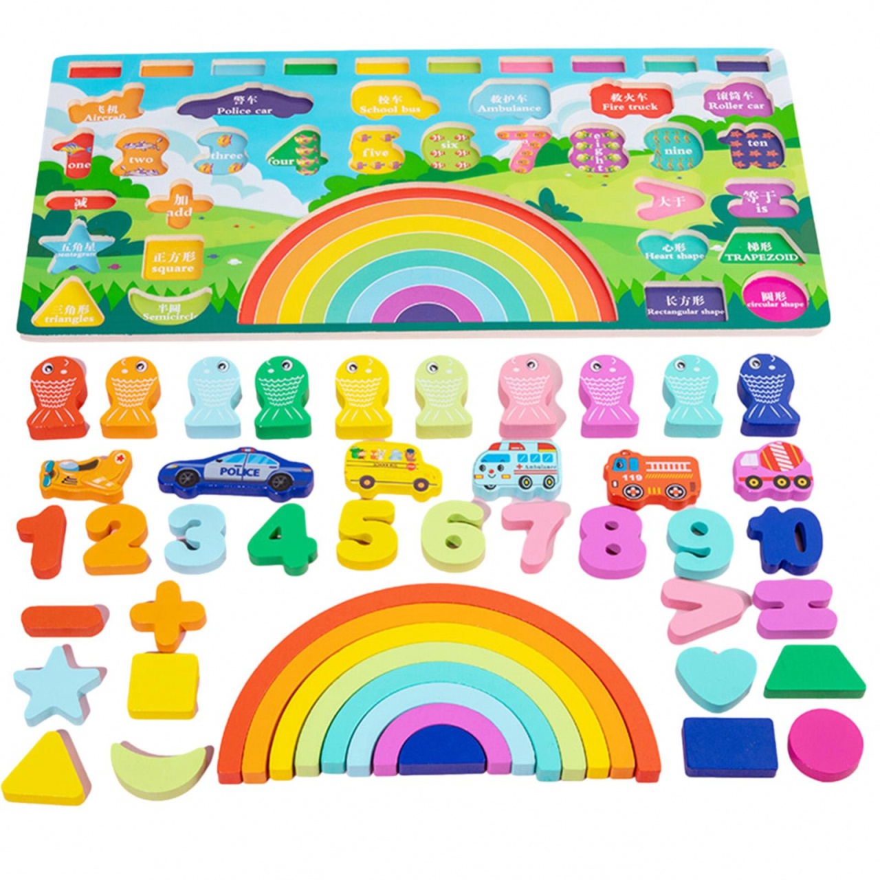 Joc Logarithmic Montessori 6 in 1 Curcubeu, cu cifre, forme, masini, joc de pescuit, din lemn - 2 | YEO