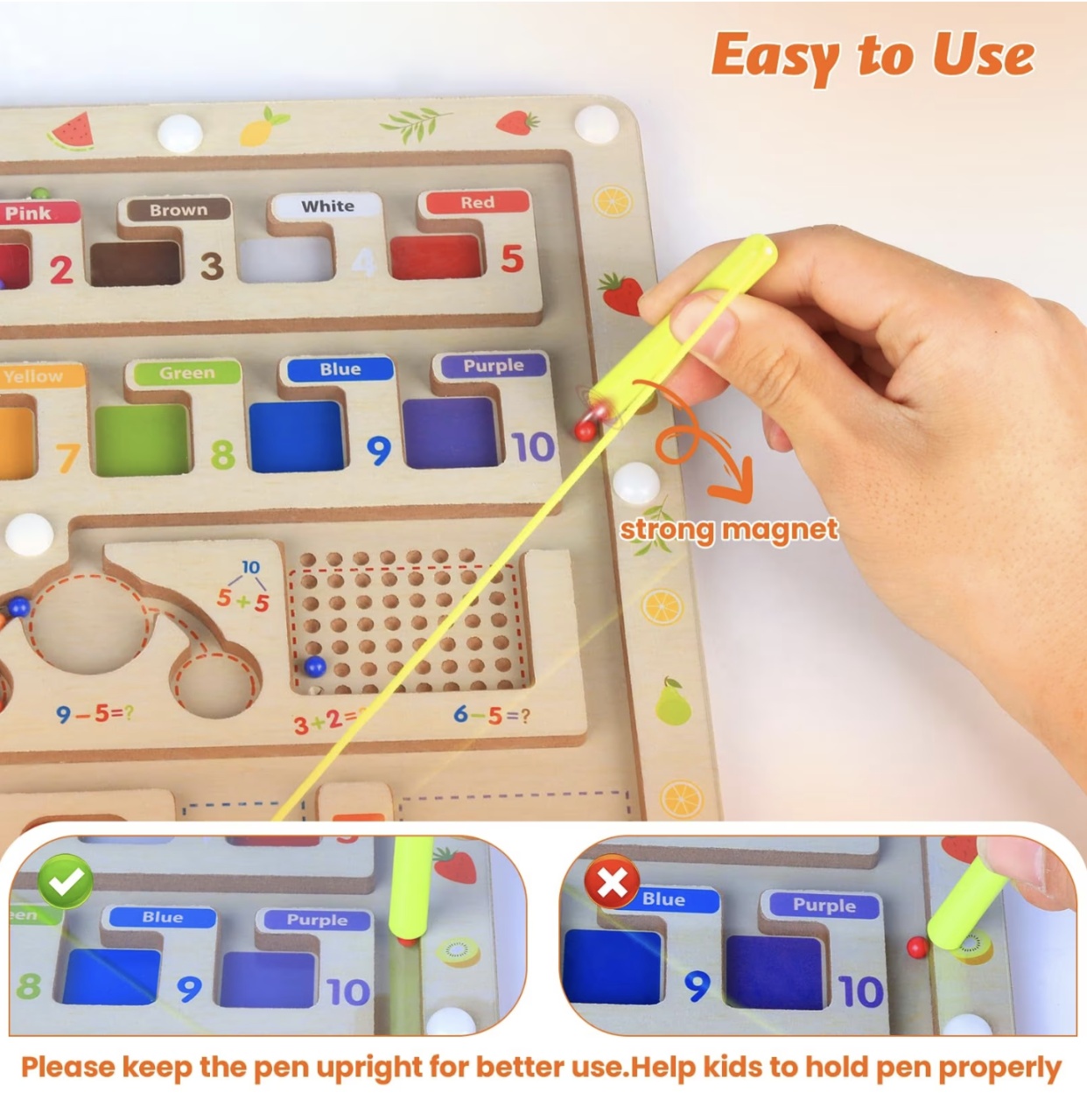 Joc Montessori Labirintul magnetic cu bile colorate si operatiuni matematice, din lemn - 1 | YEO