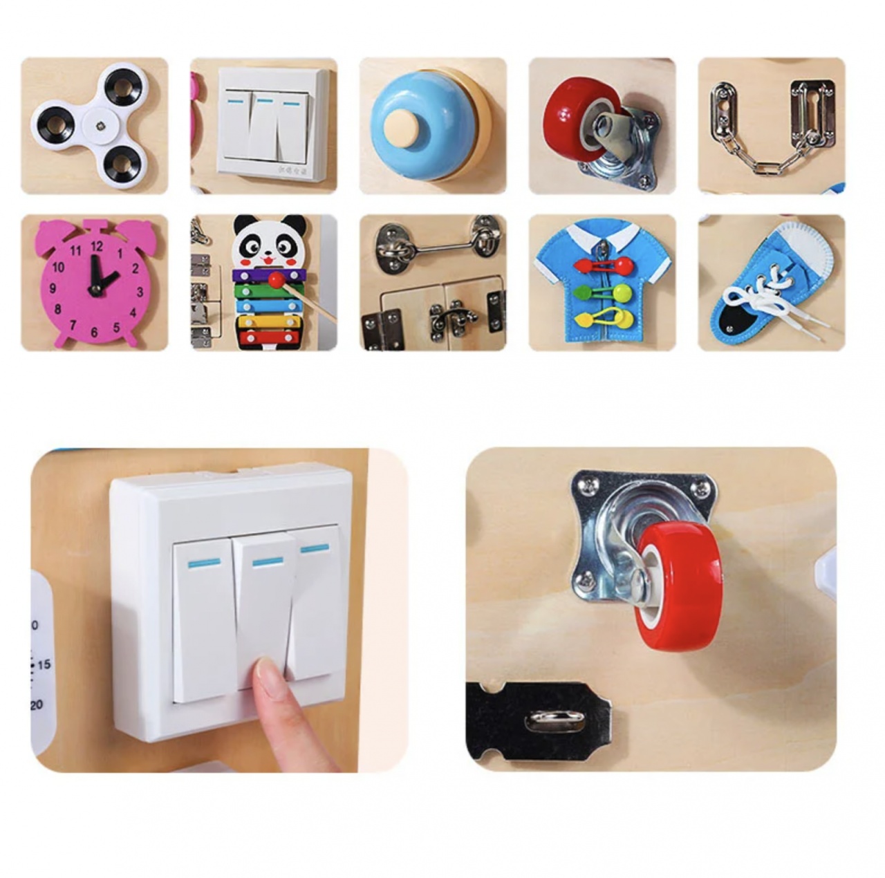 Joc Montessori Placa Busy Board cu 11 Activități, Panda, din lemn - 1 | YEO