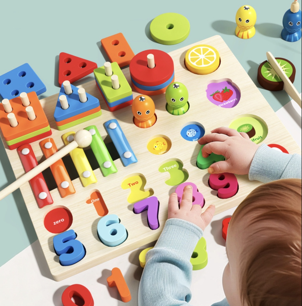 Jucarie Montessori 4 in 1 – Xilofon, Coloane sortator, Joc pescuit si Cifre, din lemn - 2 | YEO