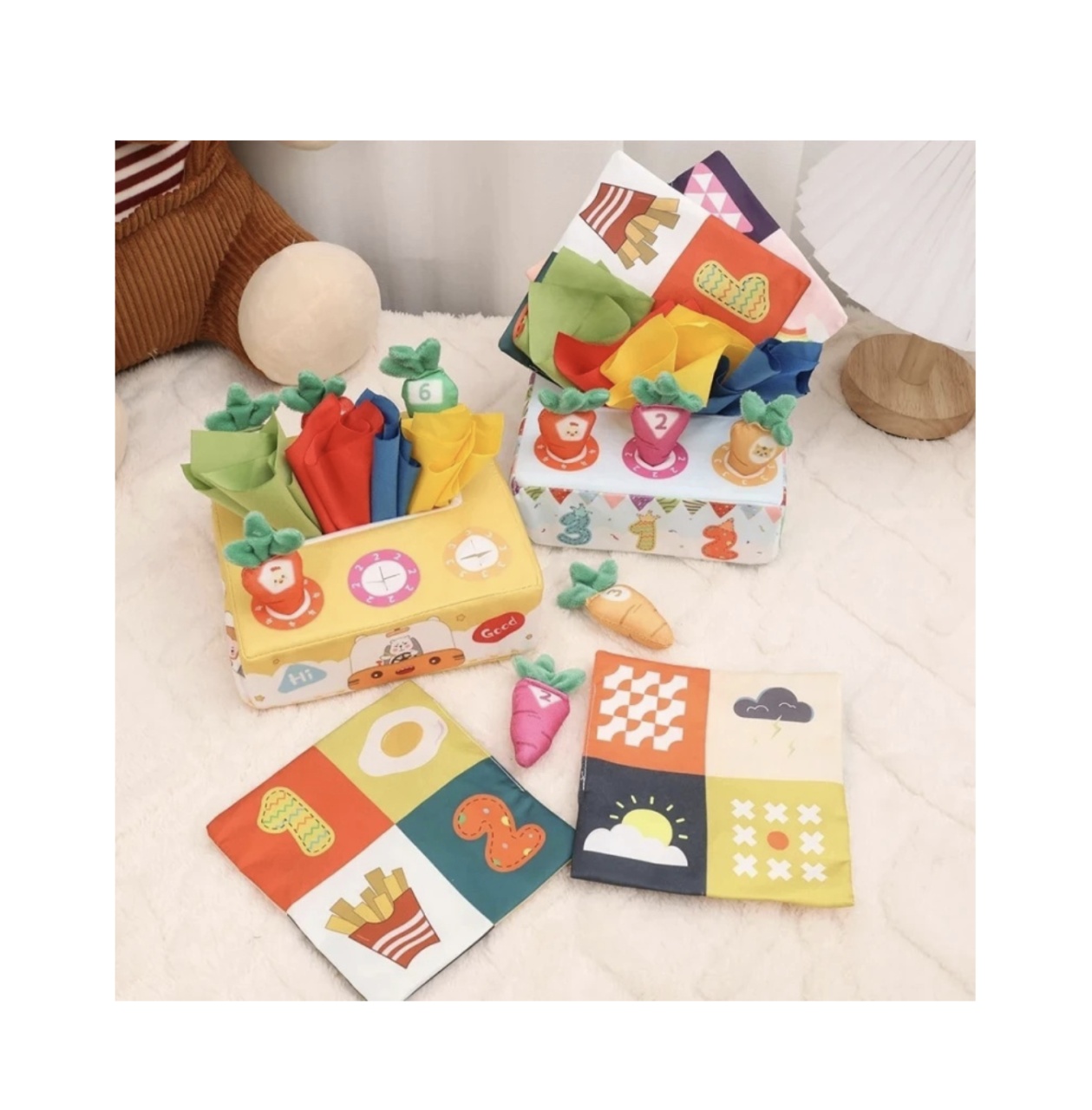 Jucarie senzoriala 2 in 1 Bebe- Culege morcovii si servetele, material textil - 3 | YEO