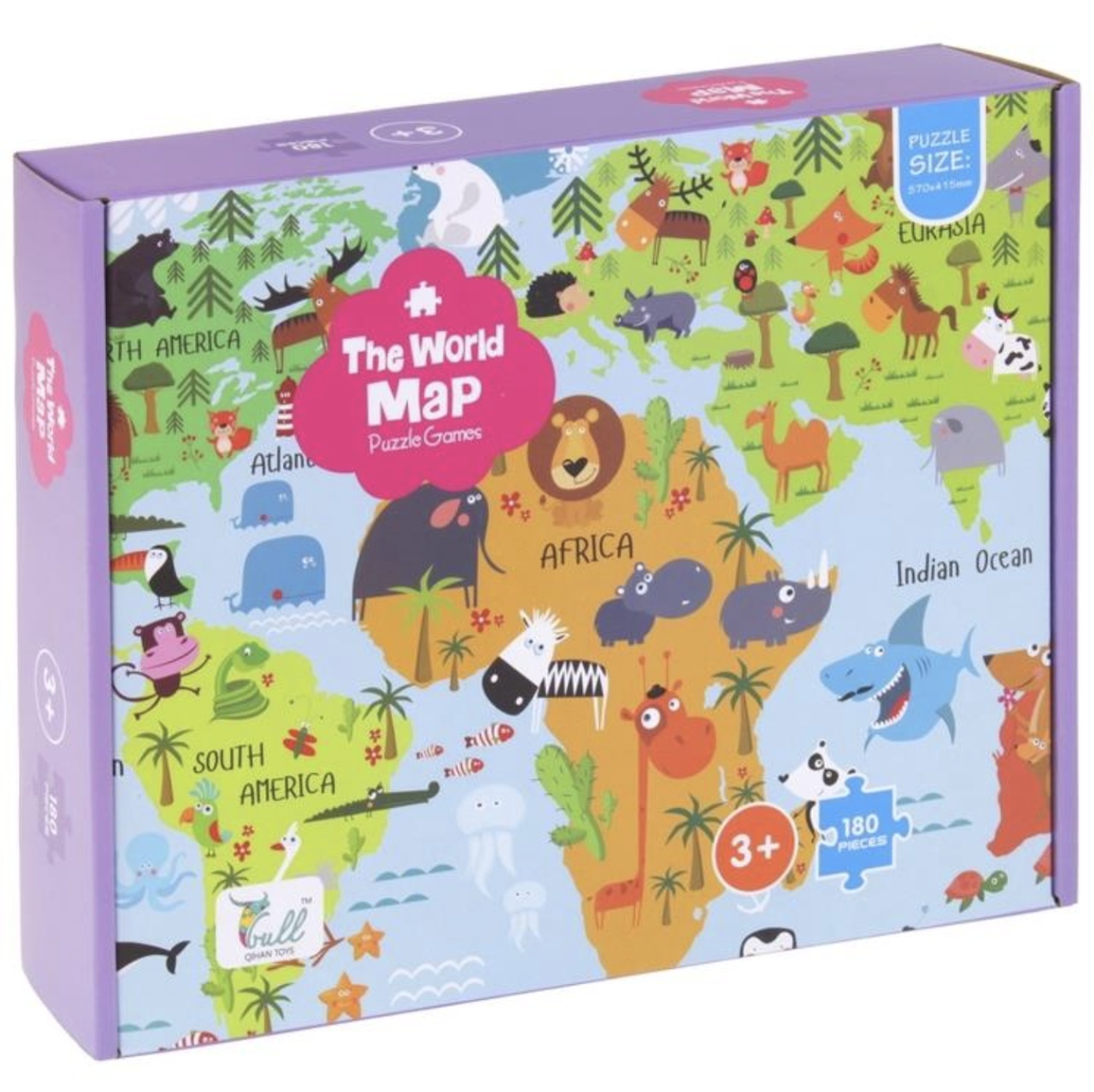 Puzzle clasic, 180 piese, Harta lumii si animalele - 2 | YEO