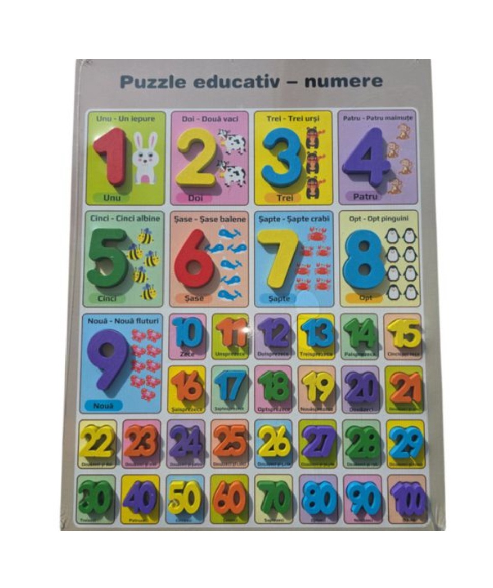 Puzzle Incastru 3D Lemn cu Numerele 1-100 și Imagini cu Animale – 40x30 cm