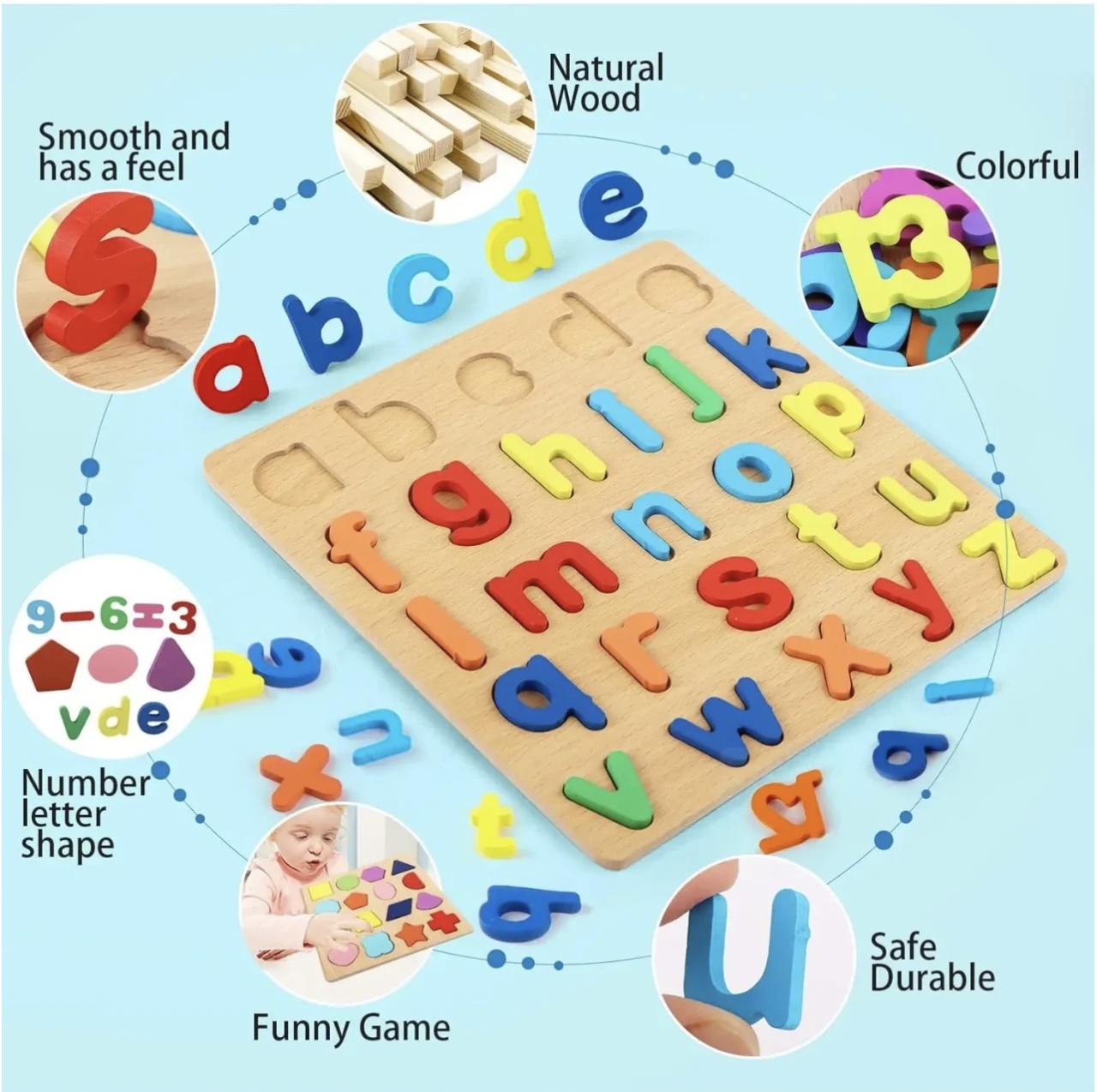 Puzzle incastru 3D litere mici, din lemn, 20x20 cm - 2 | YEO