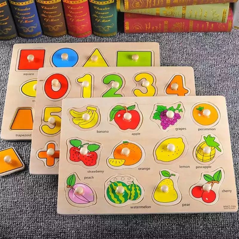 Puzzle Incastru Din Lemn Cu Fructe Cu Buton Si Imagini - 3 | YEO