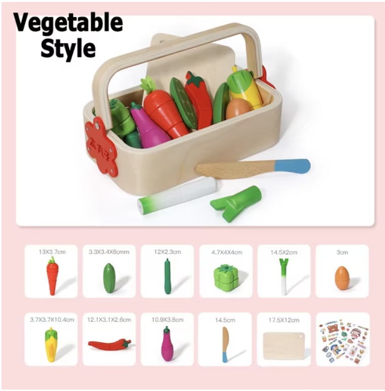 Set Cutie de tip Cos cu Tocator și Legume, cu stickere, din Lemn - 2 | YEO