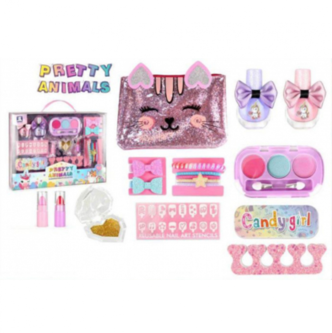 Set machiaj, manichiura unghii si accesorii de par cu portfard, Pretty Animals - 1 | YEO