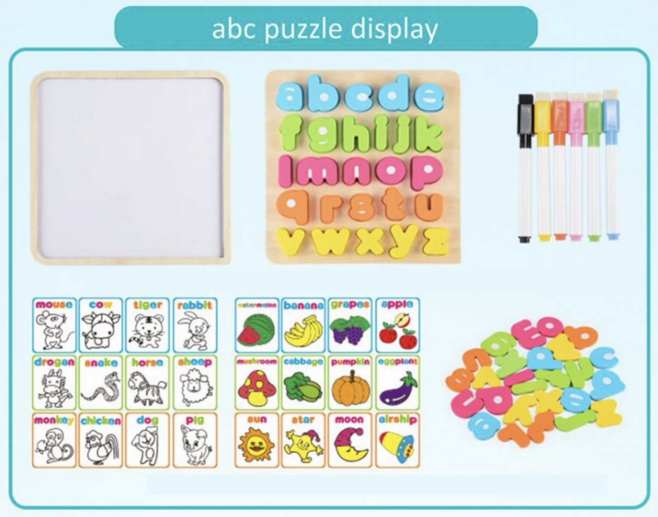 Tabla magnetica cu puzzle incastru cu litere mici si cartonase educative, 44 piese - 1 | YEO