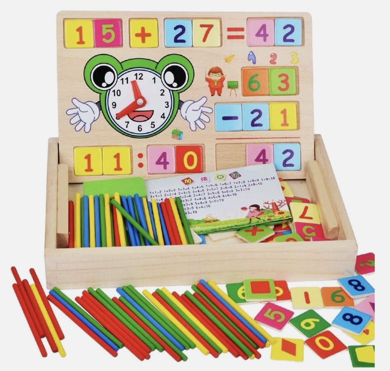 Tabla Montessori Multifunctionala de invatare a operatiilor matematice cu Ceas Broscuta, din lemn - 1 | YEO