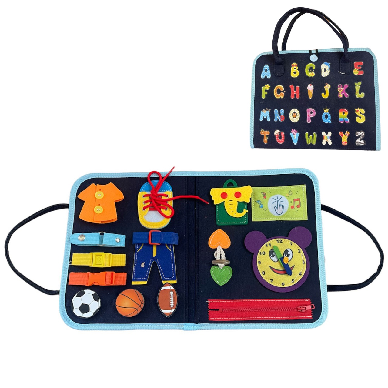 Carte senzoriala tip geanta, cu 16 activitati, 45x28 cm, din fetru, bleumarin