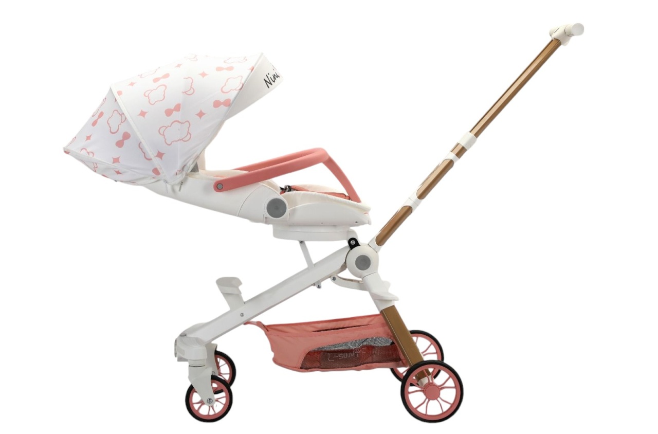 Carucior C2 Deluxe, reversibil, pliabil, cu lumini si muzica, Alb cu roz - 3 | YEO