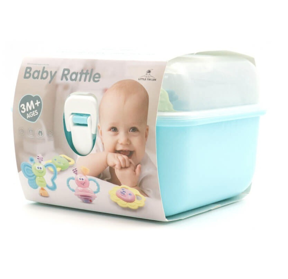 Cutie cu set 8 jucarii zornaitoare cu suprafete moi siliconate pentru dentitia bebelusilor, bleu - 1 | YEO