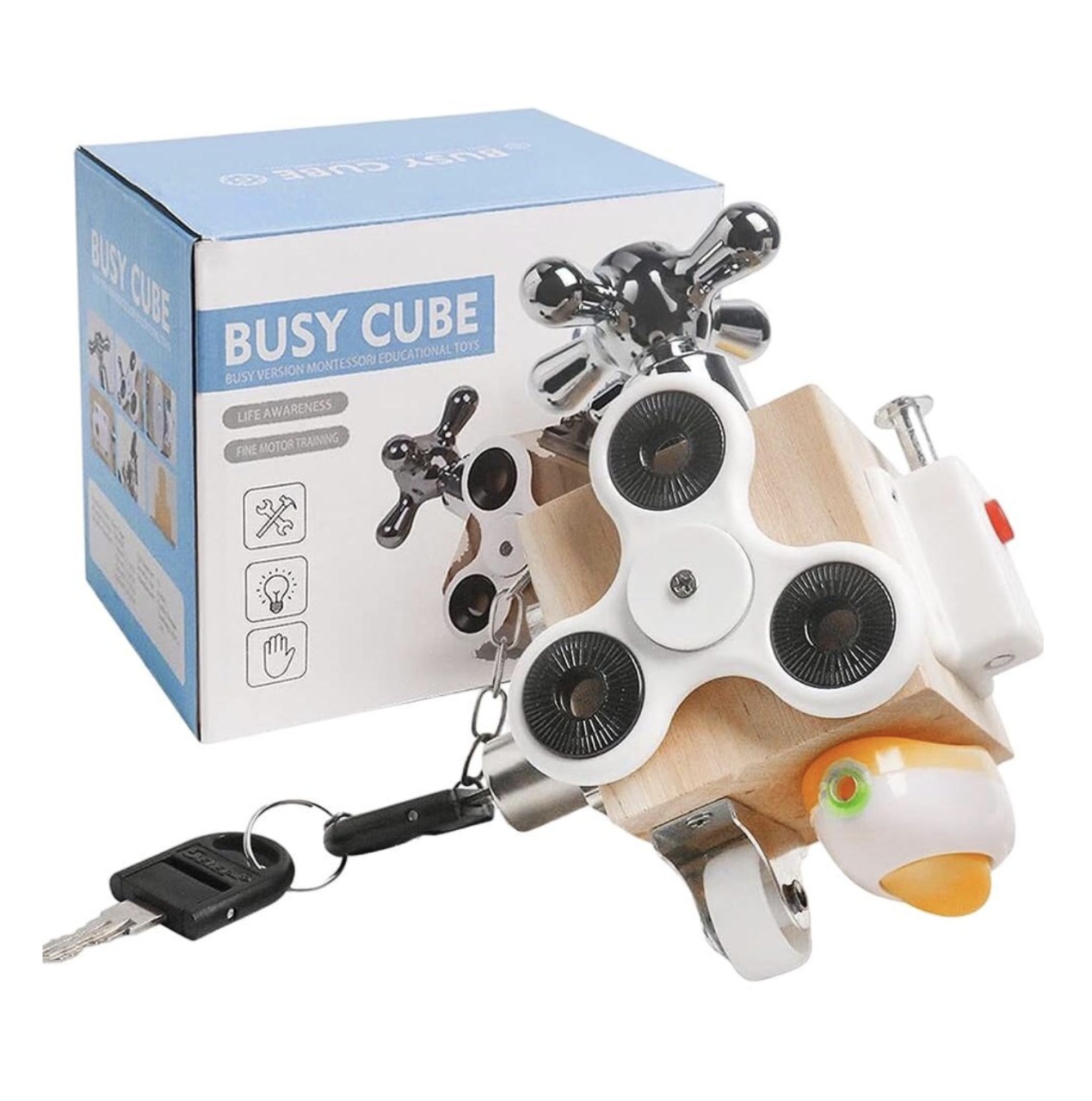 Joc Cub Busy Board cu chei si spinner, multifunctional, 7 in 1 tine-l ocupat - 1 | YEO